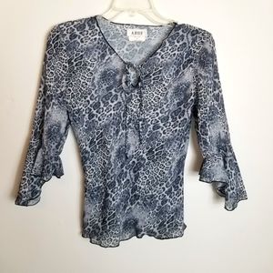 A. Byer Leopard Print Semi Sheer Trumpet Sleeve Keyhole Tie Top